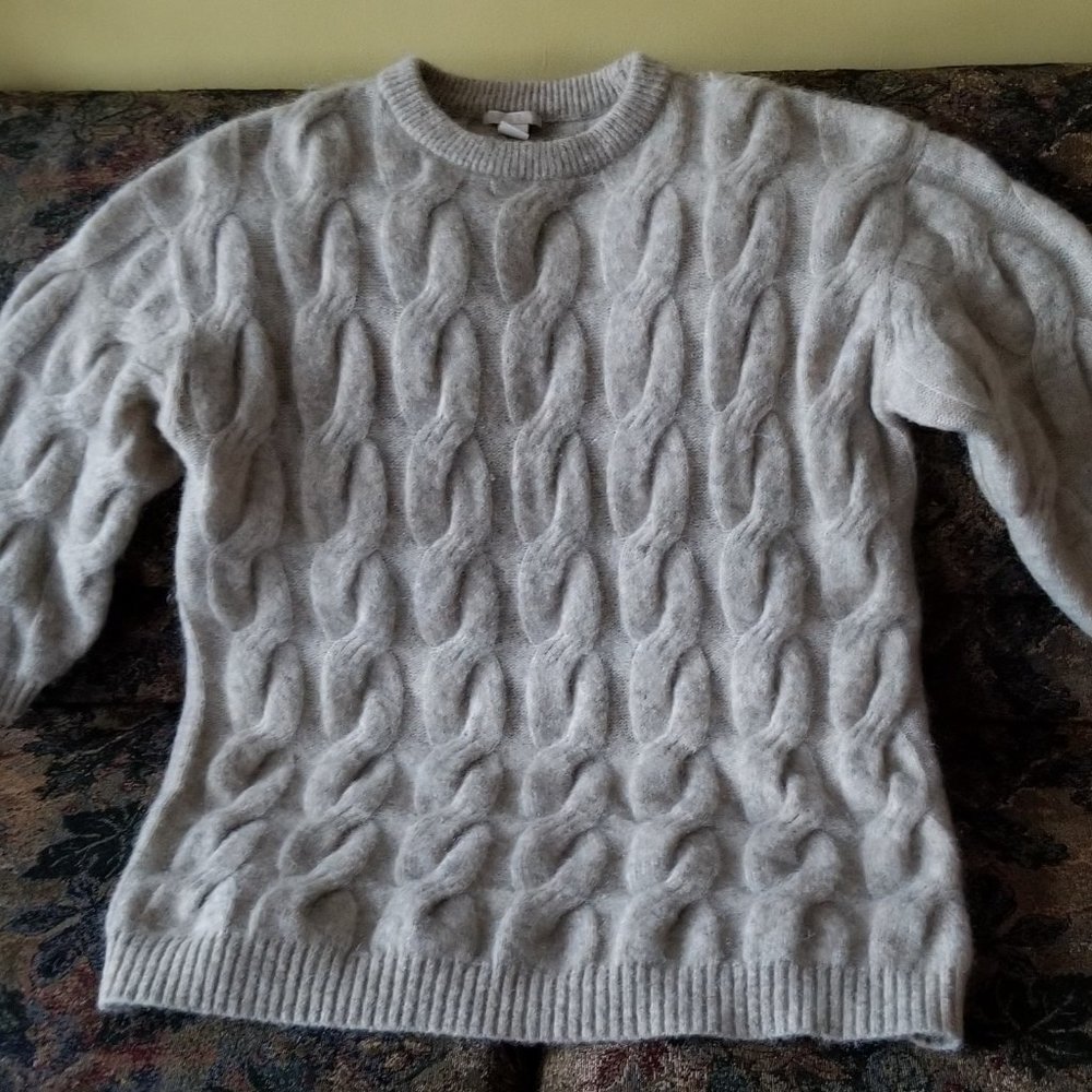 Long, cable knit sweater, light brown, petite sleeves, SP, H&M, wool, mohair